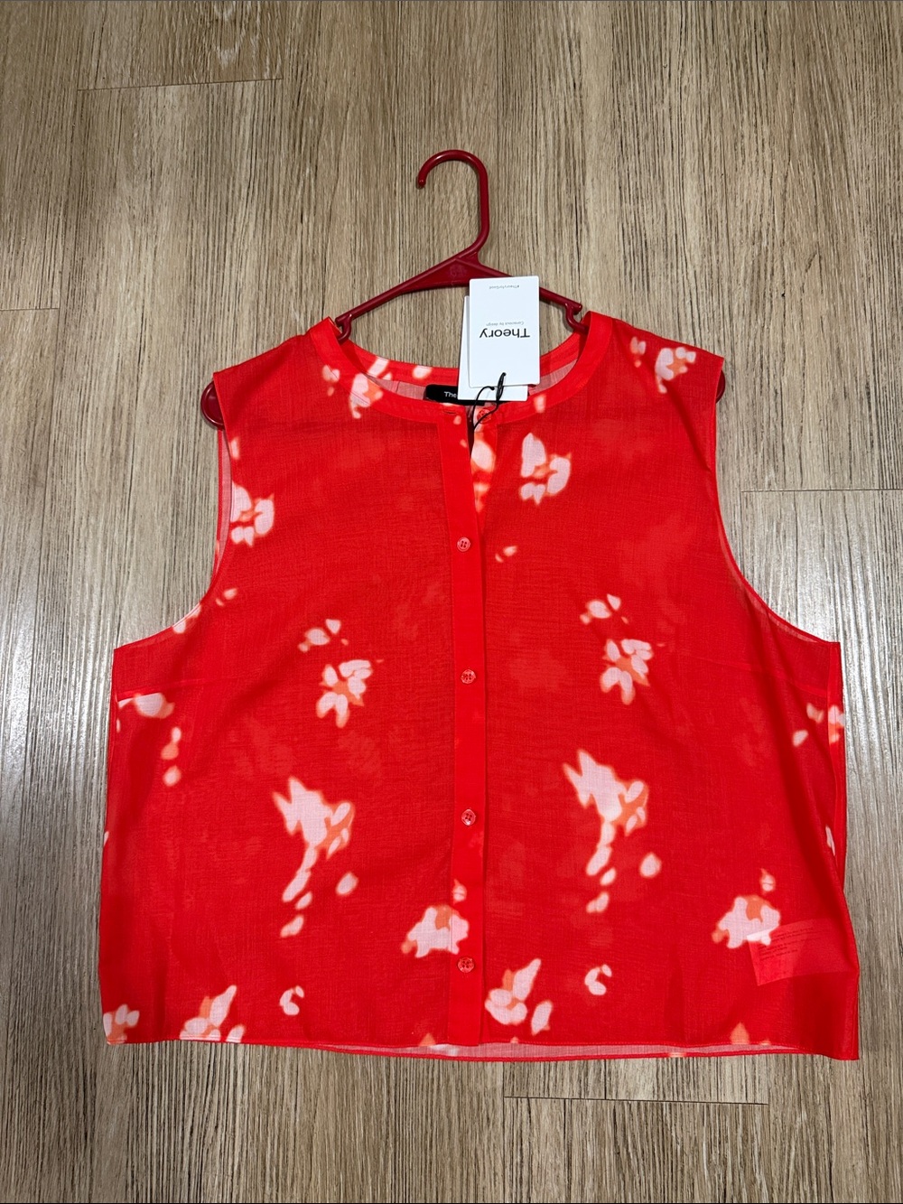 Theory Red Sleeveless Floral Button-Front Blouse XL - Picture 1 of 5